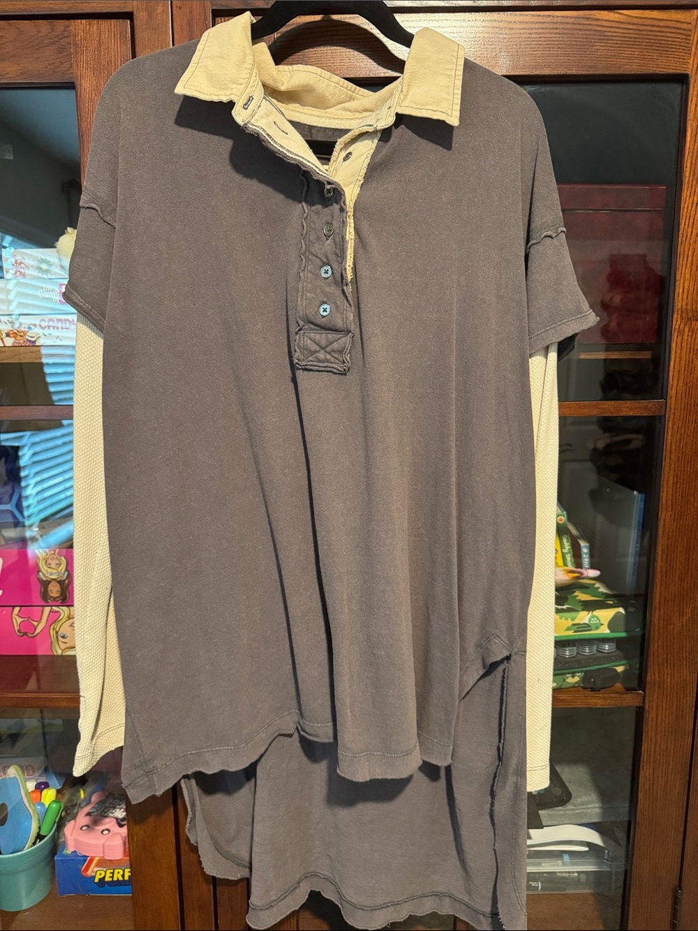 We The Free Layered Button-Down Polo in Tan and Beige
